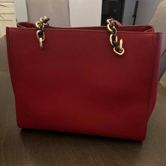 Michael Kors Women’s Leather Tote Bag Burgundy Red Gold Chain Shoulder Purse - Picture 5 of 9